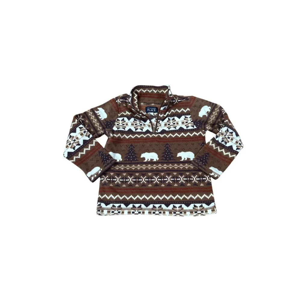 The Children's Place Fleece Pullover Boys Brown Fair Isle Polar Bear SIZE 4T
